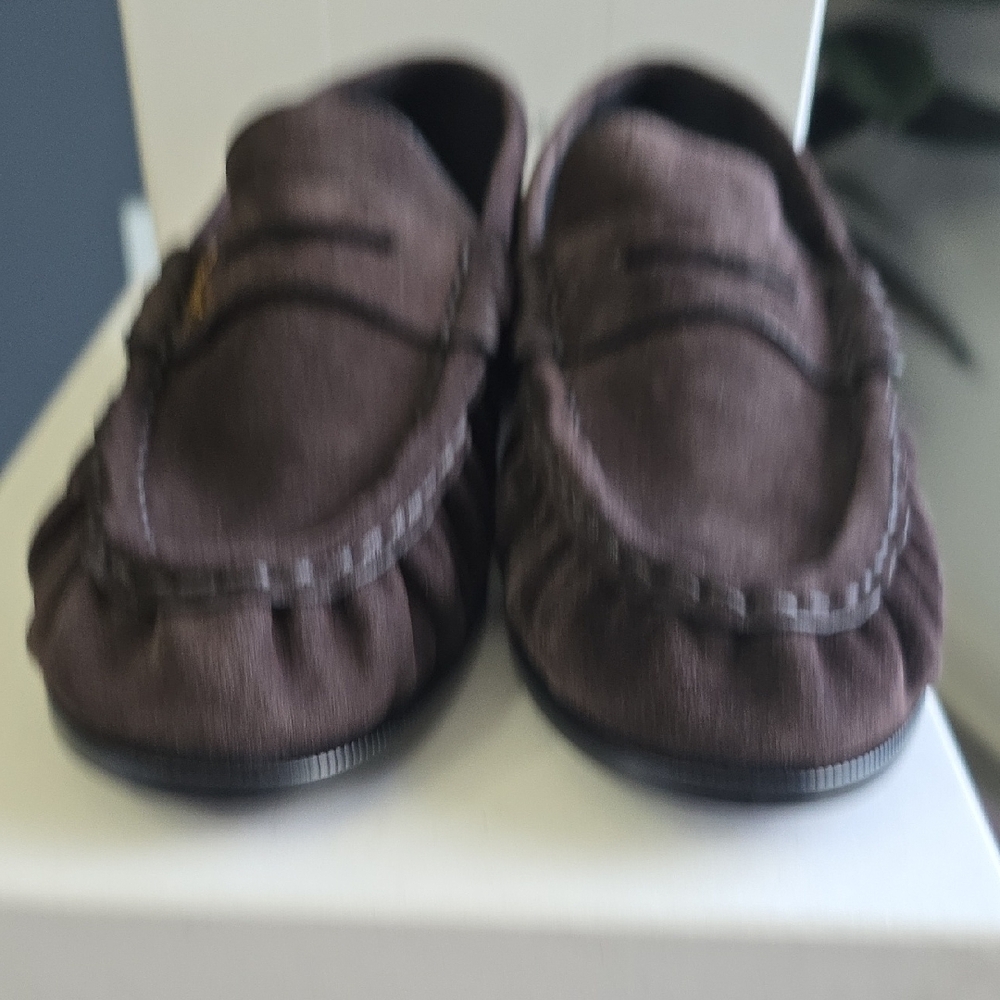 Saint Laurent Brown Suede Penny Loafers with Gold YSL Accent - Picture 7 of 13